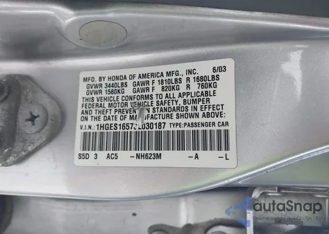 2003 Honda Civic Lx z USA, uszkodzony, nr VIN 1HGES16573L030187